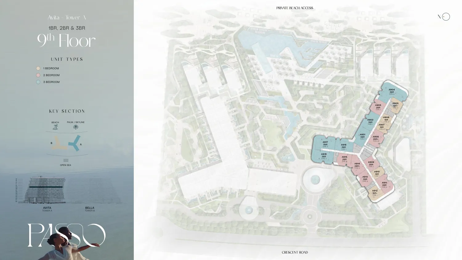 Floor plan of a 9th-floor apartment at Passo By Beyond, Palm Jumeirah.